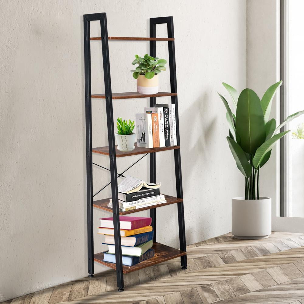 Ladder Shelf Industrial Bookshelf 5 Tier Black Modern Bookcases For ...