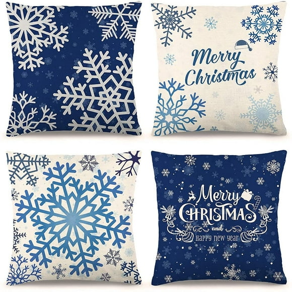 Décorations de Noël Bleues Housses de Coussin de Noël Bleues 18x18 Pouces Ensemble de 4 Flocons de Neige Joyeux Noël Taies d'Oreiller Coton Lin Housses Décoratives de Canapé