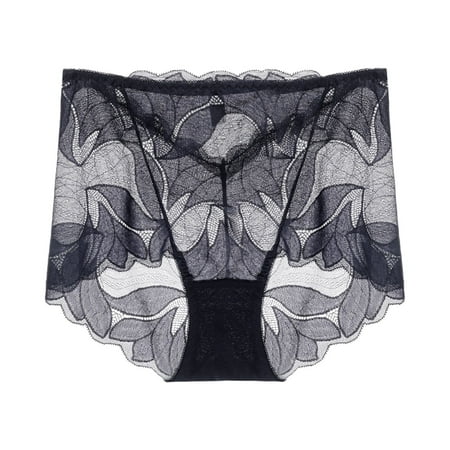TIHLMK Plus Size Underwear for Women Panties Ladies Silk Lace Underwear Middle Waist Comfy Briefs Hollow Embroidered Cotton Crotch Underwear Gifts for Women Black Underwear