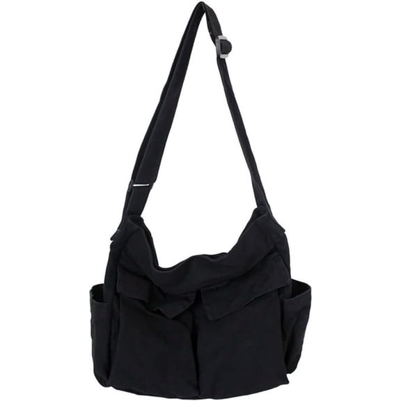 Aesthetic Cute Messenger Bag for School Vintage Black Canvas Crossbody for Women Shoulder Laptop Bag