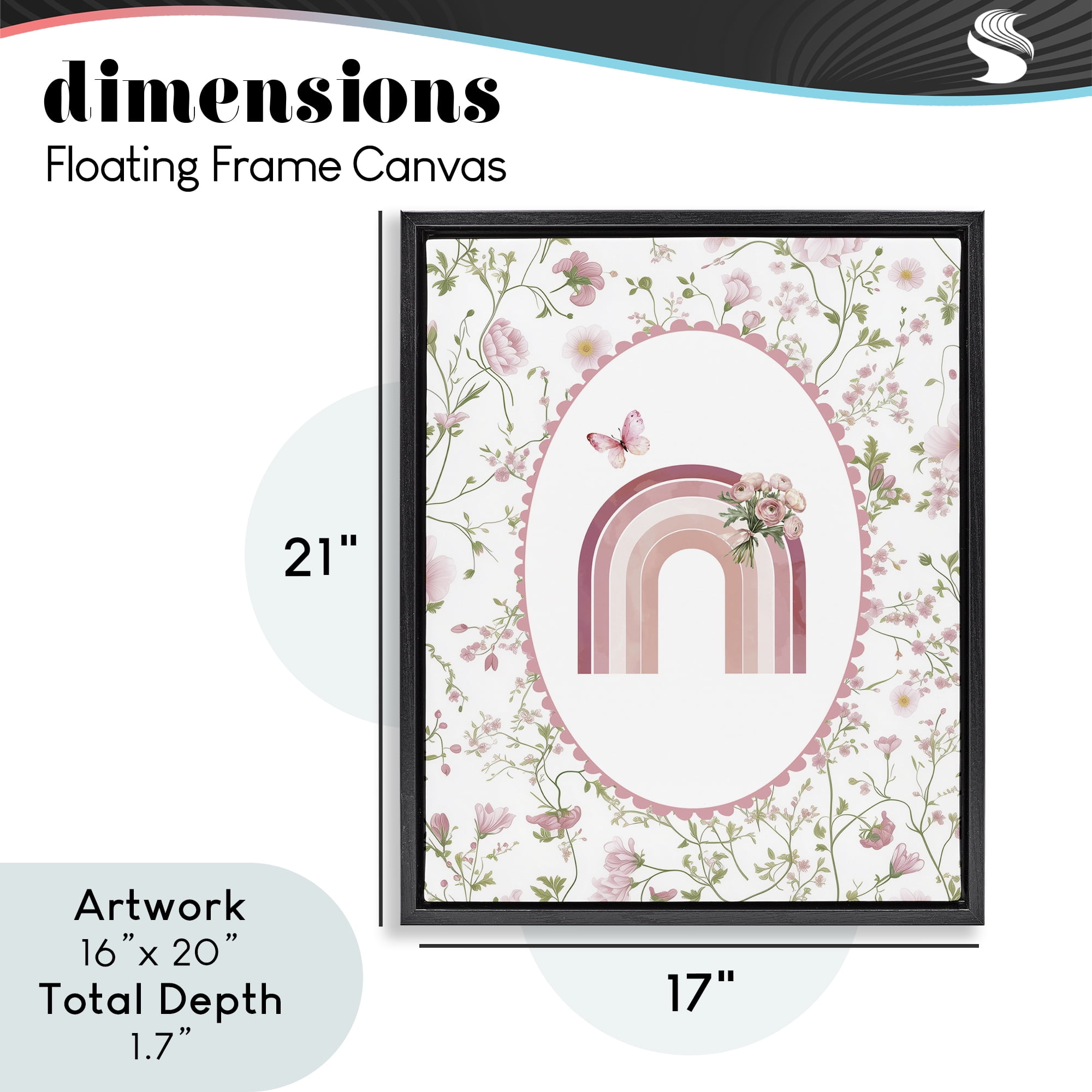 Delicate Florals & Rainbow Black Framed Floater Canvas Wall Art, design by Christine Simpson Art