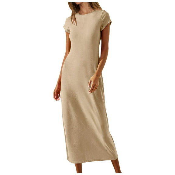 WENWU Women's 2024 Summer Short Sleeve Tshirt Dress Casual Crew Neck Beach Long Maxi Dresses Woman Tan Dress Women Summer Outfits