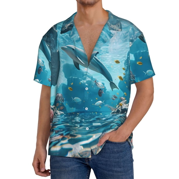 Balery Underwater Dolphin Scene Camisa Casual de Manga Corta con Botones para Hombre, Texturizada, Estilo Cubano, para Playa, Verano-Medium