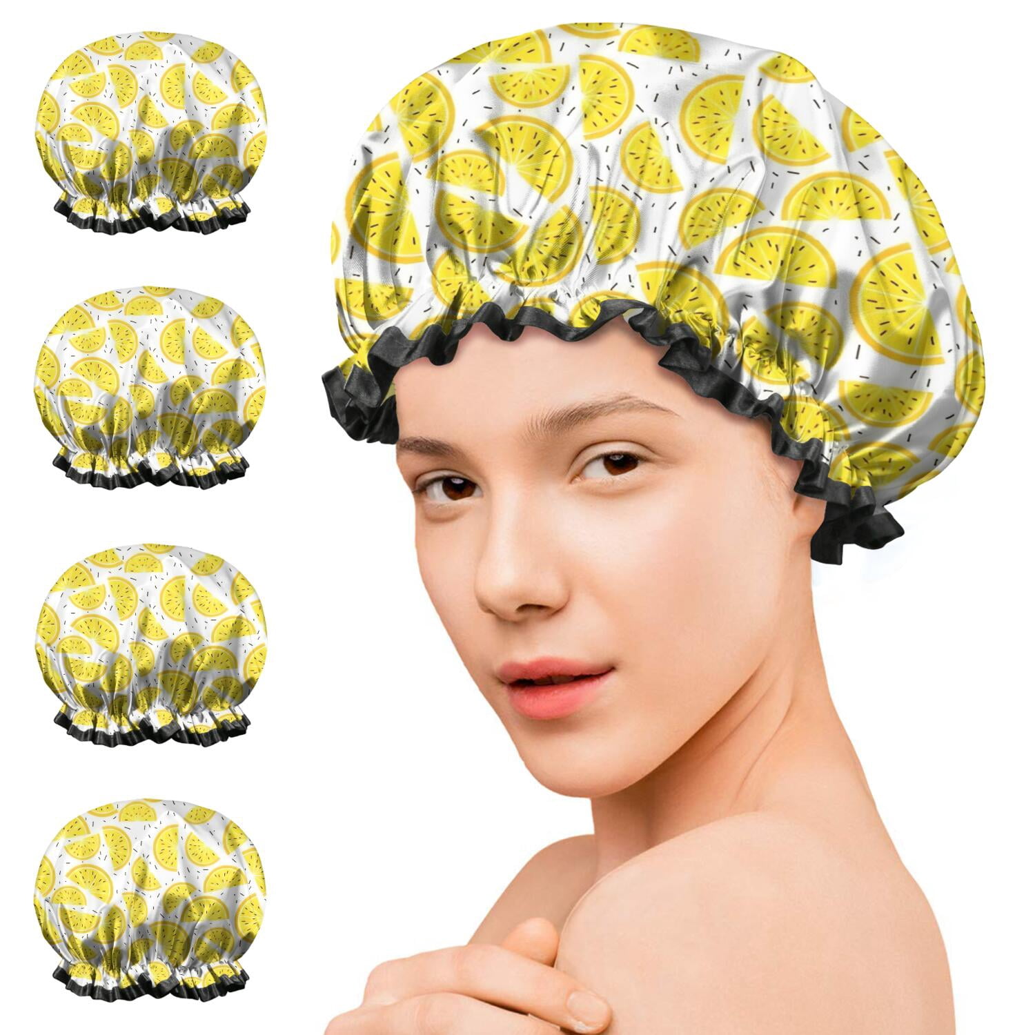 Shower Caps,Yellow Lemon Fruit Slices White Pattern Waterproof Shower Cap for Women 4 Pieces,Double Reusable Hair Cover for Shower PEVA Elastic Stretch Hem