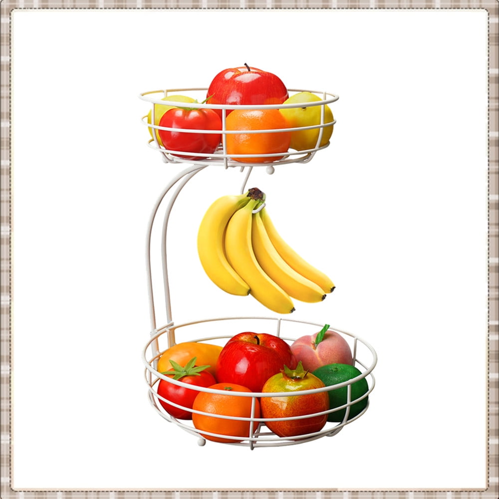 2 Tier Fruit Basket Metal Wire with Banana Holder Standing Daily Kitchen Storage Fruit Basket Contemporary Fruit Bowl Vegetable Basket Black