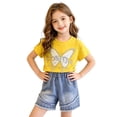 thumbnail image 2 of Hrsba Cute Little Girl Outfits Short Sleeve Crew Neck Tee And Elastic Waist Pearl Decor Denim Shorts Two Piece Set, 2 of 6