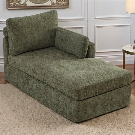 MDQMD 32" Wide Green Left-Arm Chaise Lounge Indoor, Chenille Fabric with Cushions, Sturdy Metal Legs, Single Sofa for Living Room