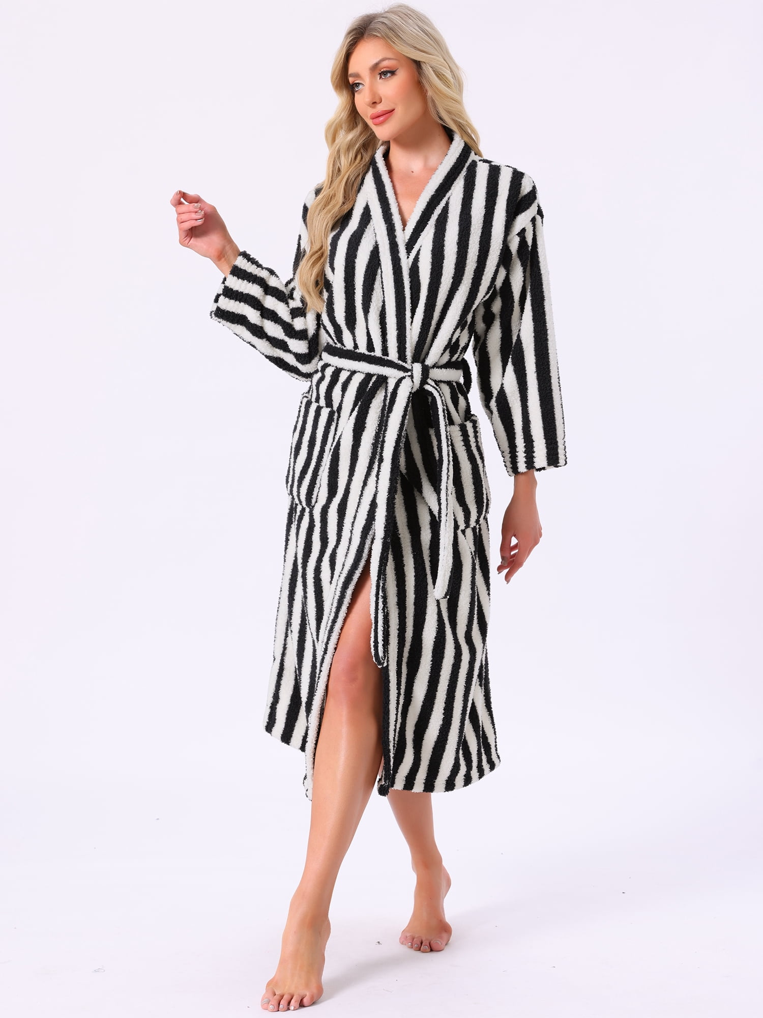 DARING DIVA Women's Fleece Fluffy Belt Full Length Striped Plush Bath Robe L Black