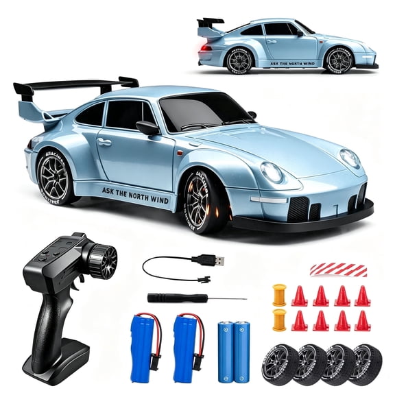 Cayrzeth 1:24 Scale RC Drift Car for Kids, Blue, 20KM/H, 4WD, LED Lights, 2 Batteries & Extra Tires