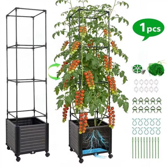 Tomato Planter with Trellis, 64.9” Raised Garden Bed Box with wheels, Self Watering Tomato Support Cages for Garden Pots for Climbing Plants Vegetable Flowers