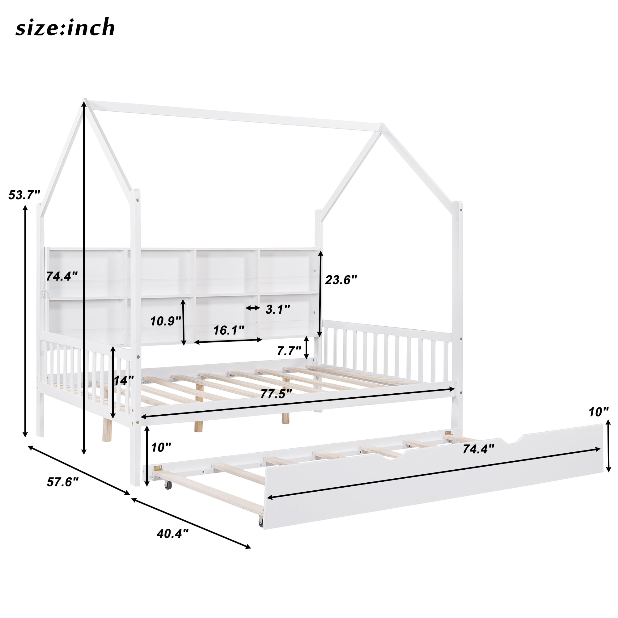 Aukfa House Bed with Trundle, Full Platform Bed with Storage Shelves and Roof - White