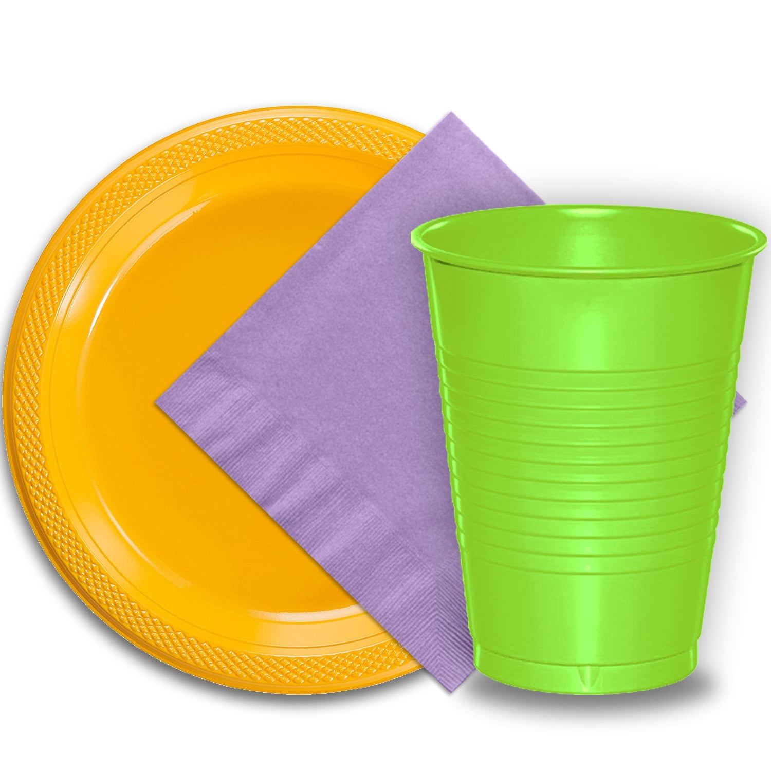 50 Yellow Plastic Plates (9"), 50 Lime Green Plastic Cups (12 oz.), and