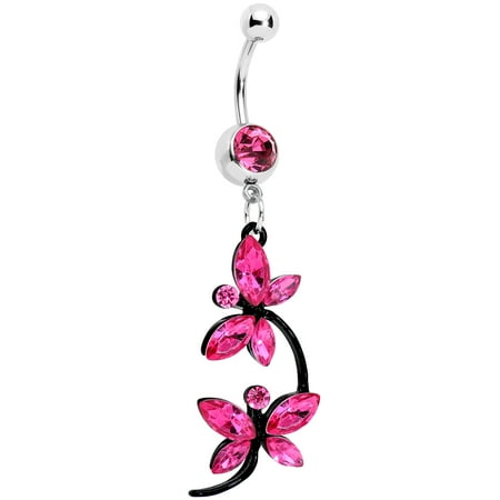 Body Candy Stainless Steel Pink Accented Black Double Dragonfly Dangle Belly Ring