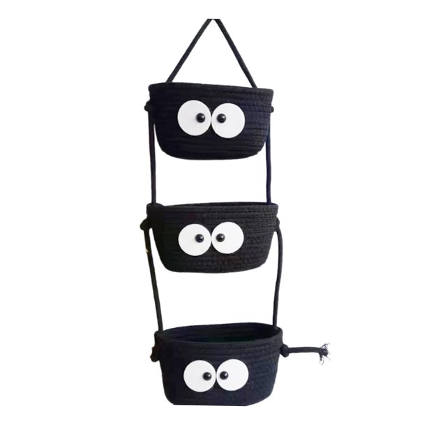 Cesta colgante tejida de pared de 3 niveles para colgar sobre la puerta, sombreros, teléfonos, etc. negro