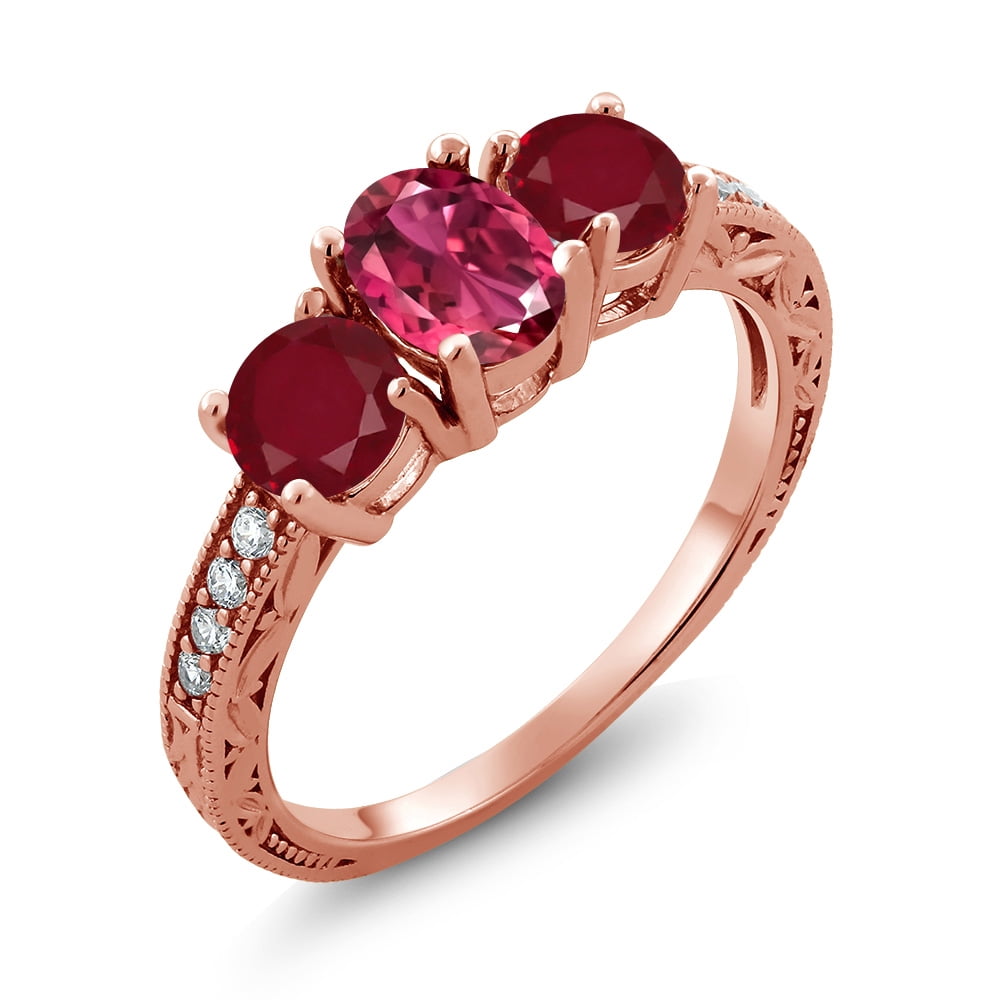 2.09 Ct Oval Pink Tourmaline Red Ruby 18K Rose Gold Plated Silver Ring by