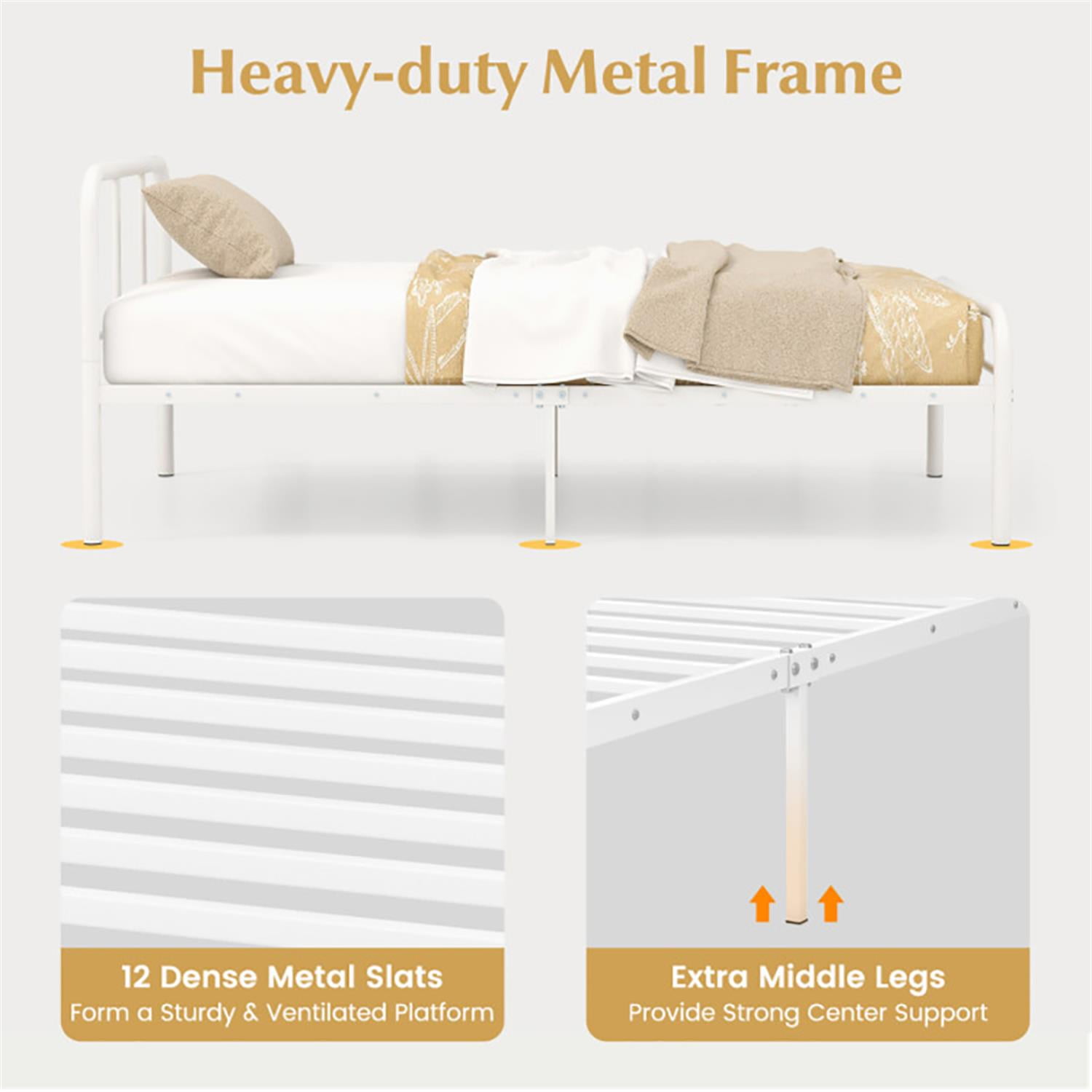 Demi Bonn Modern Metal Bed Frame Platform Mattress with Headboard and Footboard, Under Bed Storage, No Box Spring Needed, White