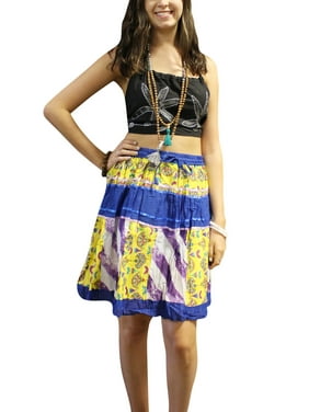 Mogul Women's Short Skirt Yellow Blue Boho Gypsy Chic Printed Colorful Skirts SML