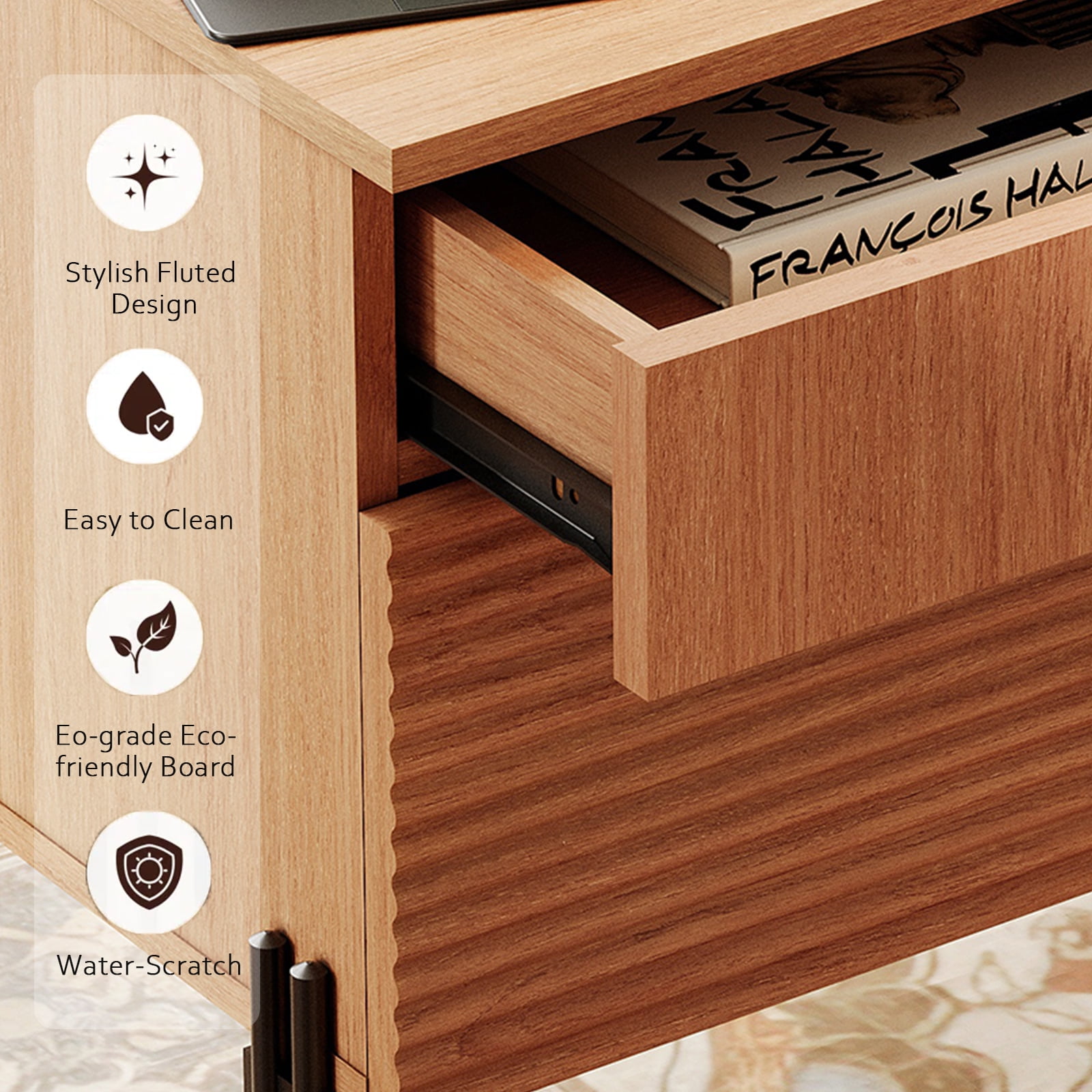 Modern Minimalist Nightstand With 2 Drawers,Reeded Wood End Table With Built-In Charging Station For Bedroom, Living Room,Entryway