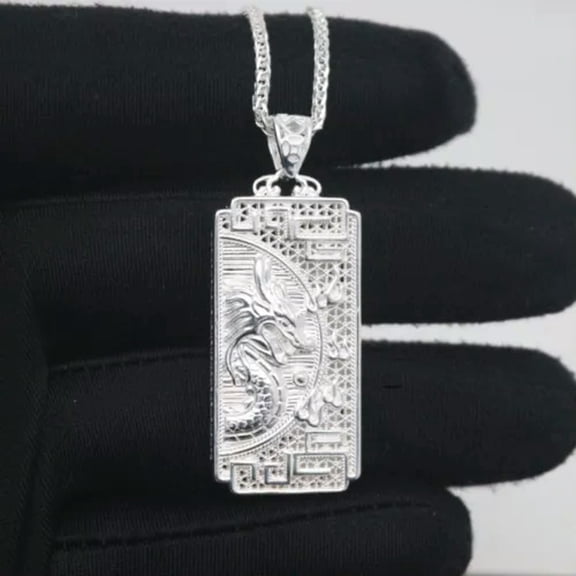 K-KED Pure 999 Fine Silver Men Women Lucky Dragon Phoenix Flower Oblong Pendant-Dragon