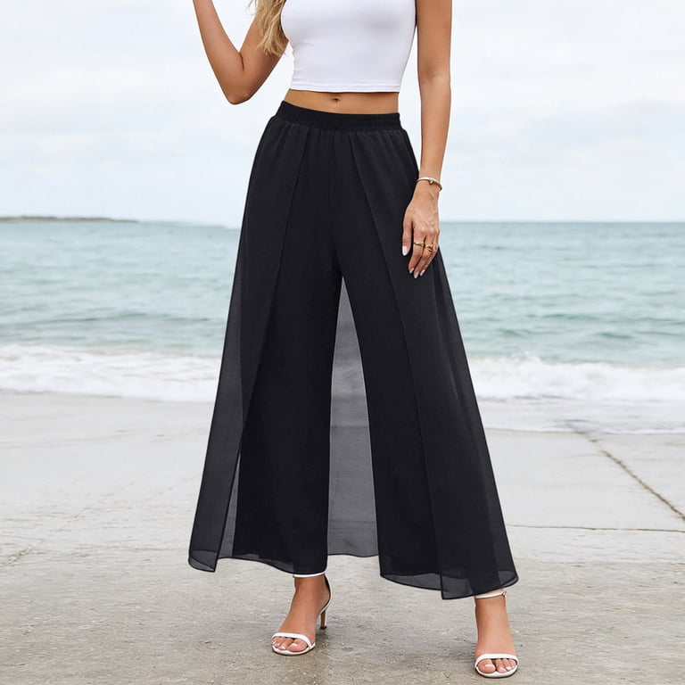 YUGYXL Women's Wide Leg Chiffon Dress Pant Elegant Party High Elastic Waist Palazzo Casual Flowy Dressy Business Trousers Black Pants XL