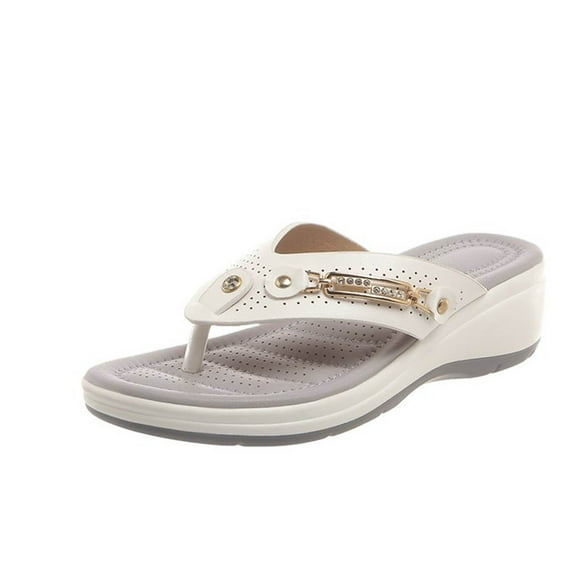 New Womens Flip Flops Large Size Metal Decoration Rhinestone Platform Wedge Soft Sole Breathable Spring and Summer Fashion Casual Slippers Beige