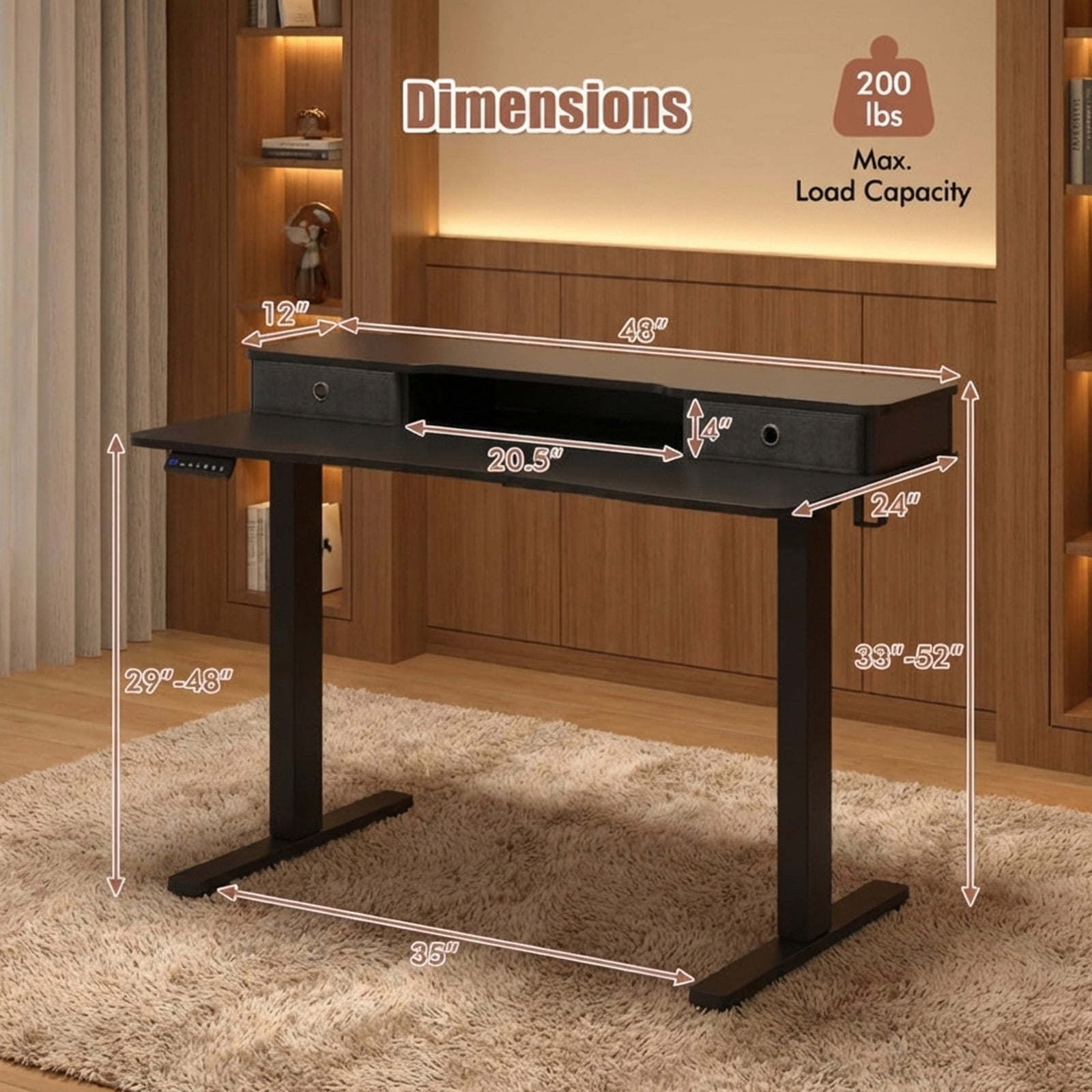 Furnibear Height Adjustable Electric Standing Desk 48 x 24 Inch with 2 Fabric Drawers Monitor Shelf and 3 Memory Settings in Black