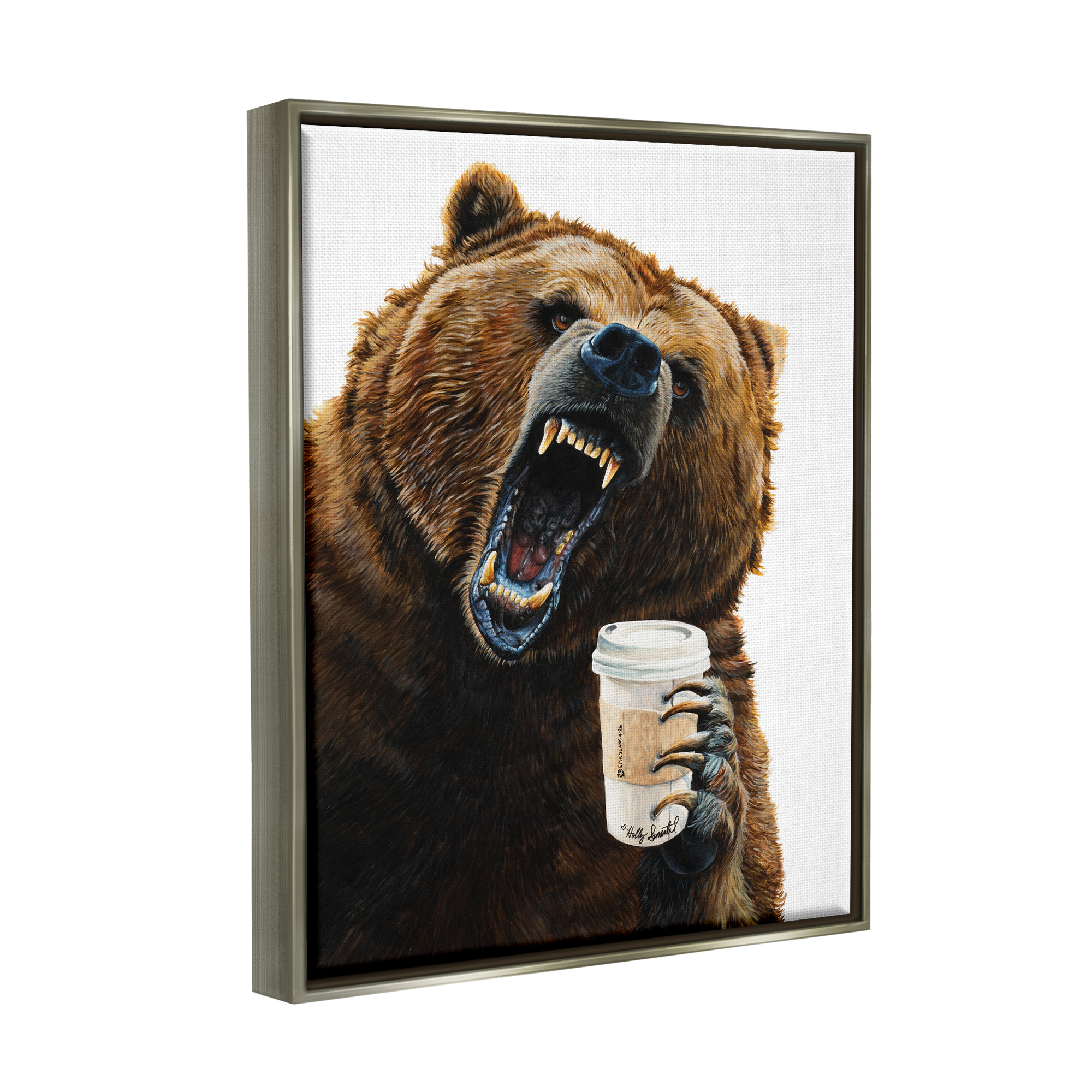 Stupell Industries Roaring Bear with Coffee Animals & Insects Painting Gray Floater Framed Art Print Wall Art, 25 x 31