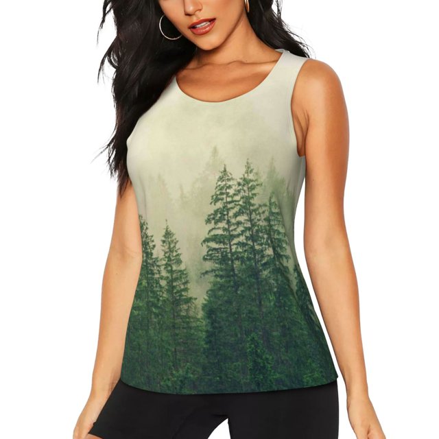 Balery Fog Forest Camiseta sin mangas estampada ligera para mujer, tops de entrenamiento sin mangas, camisetas de yoga transpirables de secado rápido.-X-Large