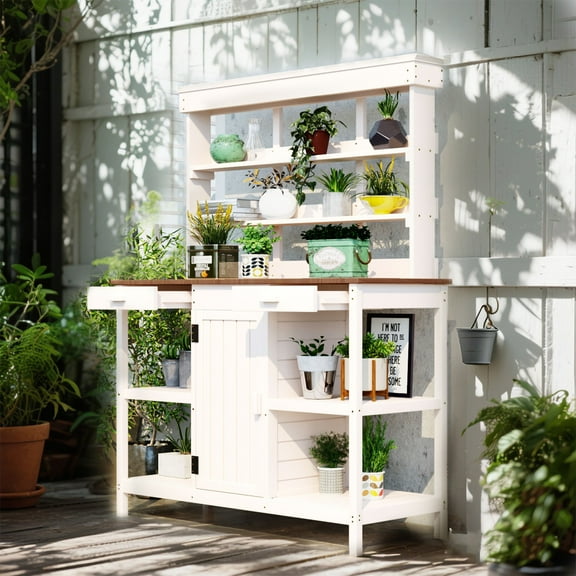 YIYADO 66" Large Outdoor Wooden Planter Workbench, Farmhouse Style Garden Workstation with 2 Drawers, Cabinets, and Open Shelves, Suitable for Backyards and Mudrooms, White