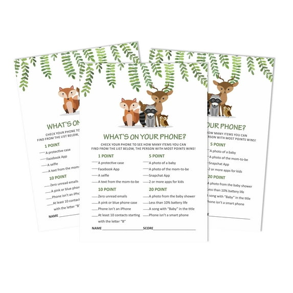 Inkdotpot 50What'sIn Your PhoneBaby Shower GameCards Gender Neutral Activity CardsPartyIdea Greenery & Animals Baby Shower Party Supply