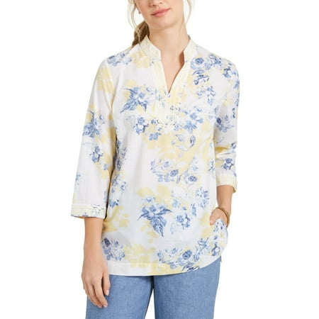 Charter Club Women's Cotton Embroidered Printed Voile Tunic Yellow Size Petite Medium