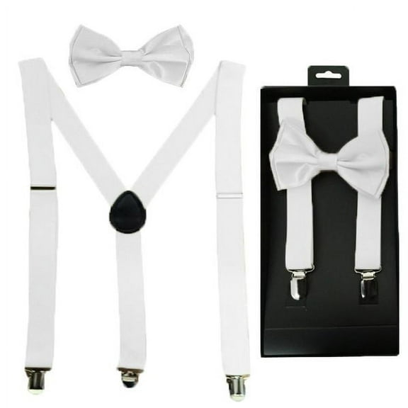 WHITE Teen or ADULT Size Bow Tie and Suspenders Combo Boxed Gift Set For Wedding, Prom or Party USA Seller!