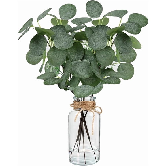 simeccom 15.75" Artificial Eucalyptus Stems in Glass Vase with Faux Water - Fake Plant for Farmhouse Table Centerpiece Spring Home Decor