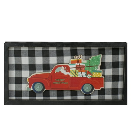 Northlight Santa and Presents in Truck Buffalo Plaid Wooden Christmas Plaque - 16”