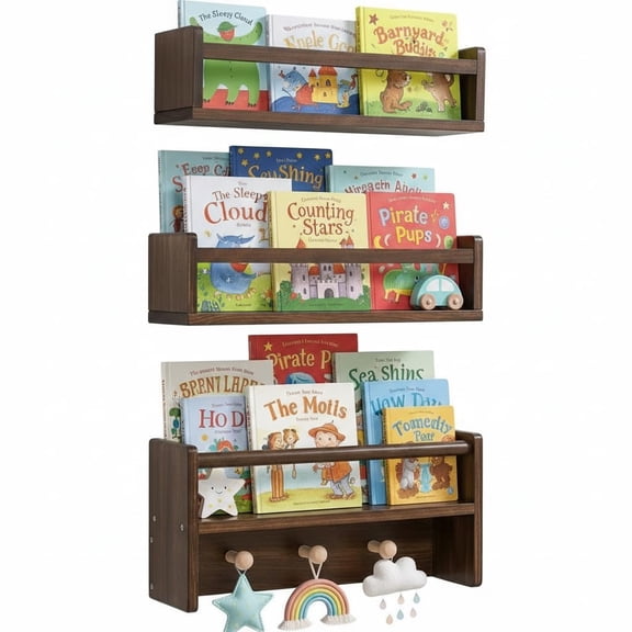 Set of 3 16 Inch Deep Walnut Floating Wall Bookshelves with Hanging Hooks, Nursery Storage Shelves for Toddler Kids Room, Bedroom, Bathroom, Living Room & Kitchen Book Organizer
