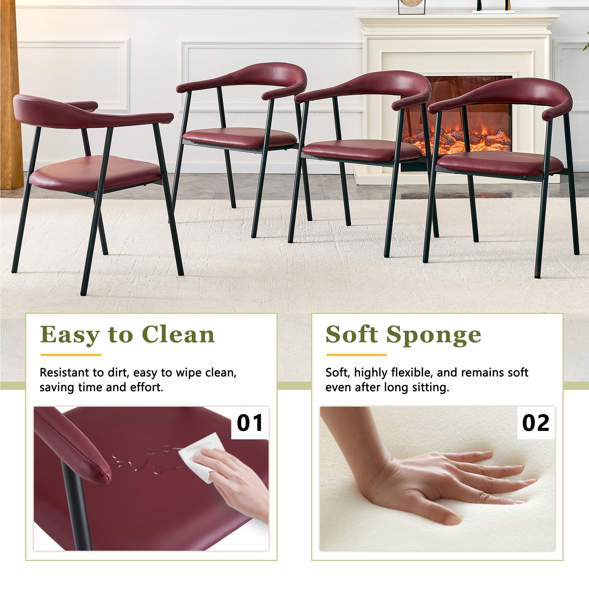 Leumius Dining Chairs Set of 4,PU Leather Dining Room Chairs with Cushion Seat and Metal Legs,Modern Minimalist Style Kitchen Chairs for Kitchen Living Room,Easy Assembly,Red PU