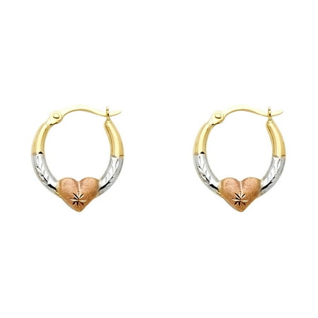 hoop 14k tri polished earrings mm diamond cut rose round yellow heart gold