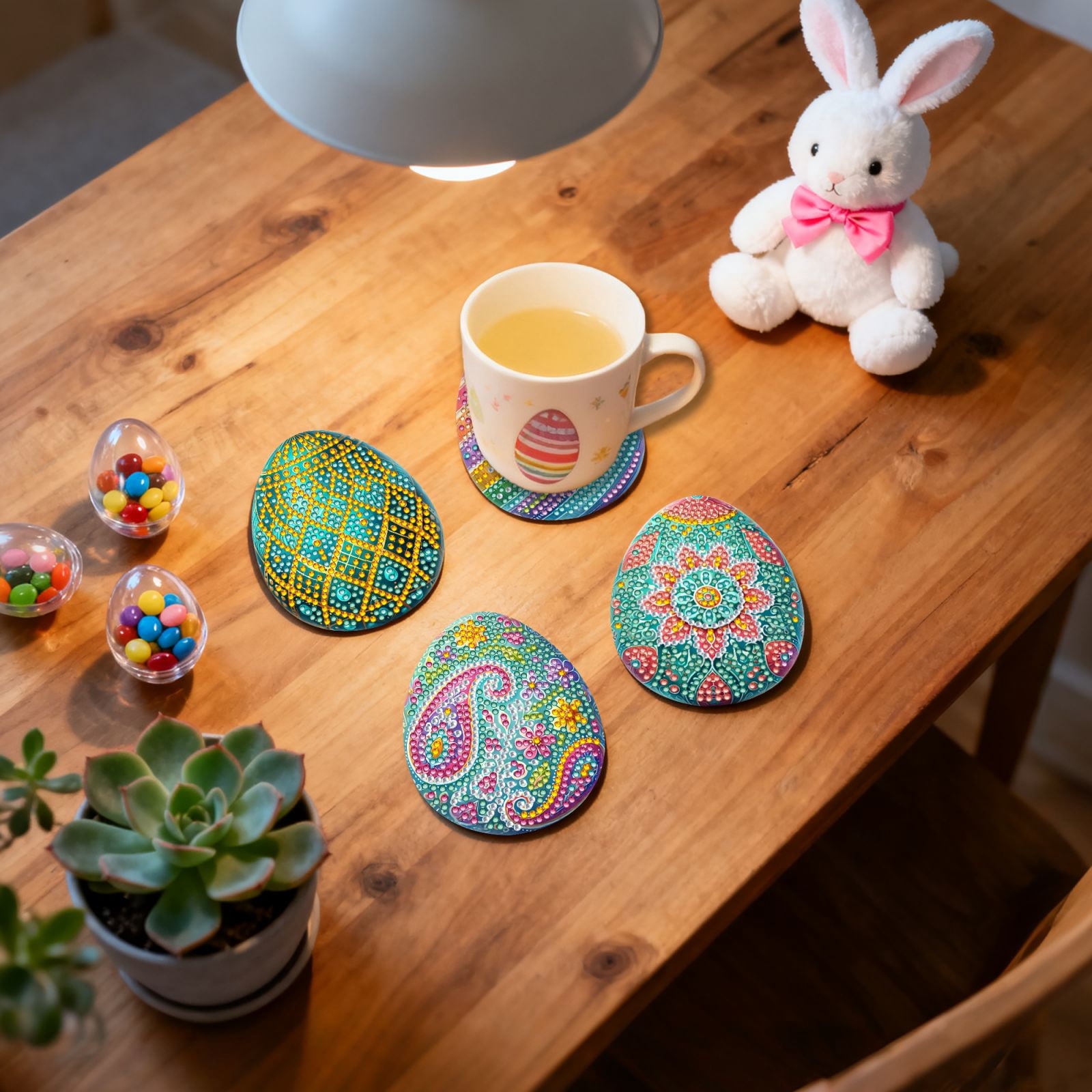 FLOPESN 12Pcs Easter DIY Diamond Art Coasters Kits, Creative Irregular Shape Wooden Desktop Decoration Gift Coasters