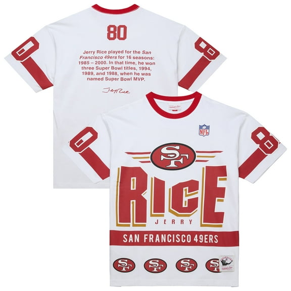 Men's-Mitchell & Ness Jerry Rice White San Francisco 49ers Name & Number Team Origins Vintage Logo T-Shirt