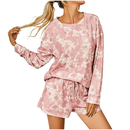 

BRKEWI Women s Tie T-Shirt Round Neck Long Sleeve Shorts Pajamas Long Sleeve Top Short Sleeve Suit Two Piece Set