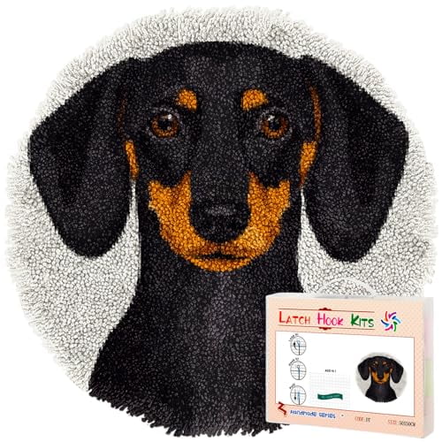 Latch Hook Rug Kit Black Dachshund Dog Stamped Handmade Round Shape Carpet Crochet Yarn Craft DIY Hook and Latch Door Mat Tapestry for Home Floor Decor 50x50cm(2)