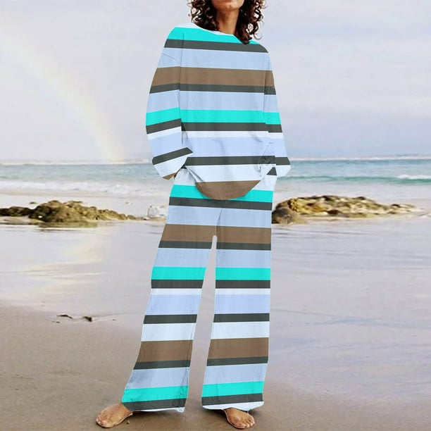Puntoco Traje De Pantalón Y top De Cuello Redondo De Manga Larga Con Estampado Informal A Rayas De Verano Para Mujer Azul Cielo L
