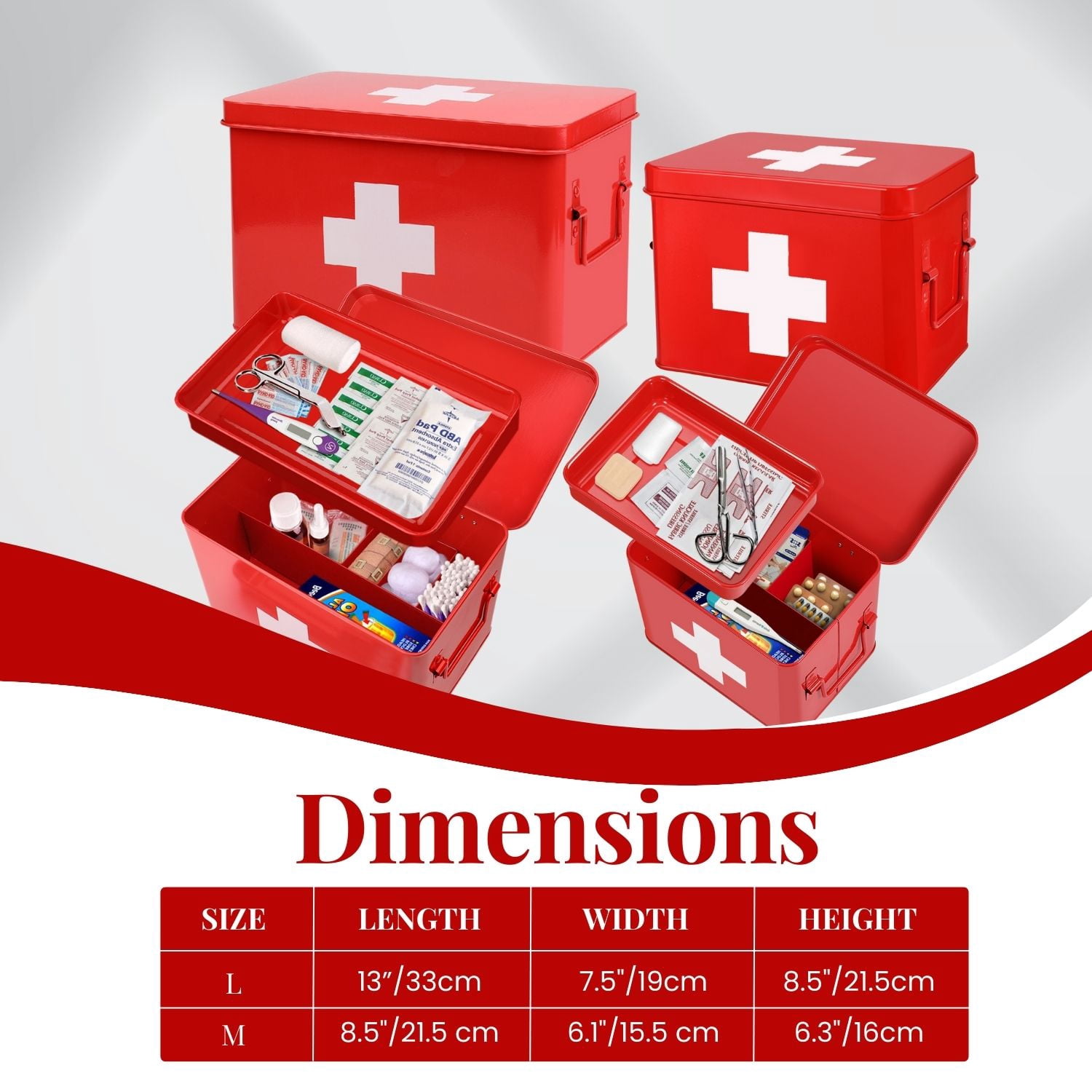 First Aid Medicine Box Supplies Kit Organizer - 8.6" Red Metal Tin Medic Bin Hard Case with Removable Tray, Handle, Storage Compartment, Vintage Antique Empty Boxes for Home Family Emergency Tool Set
