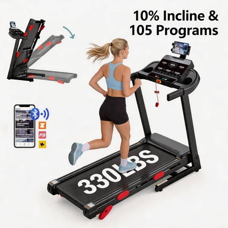 3.75HP Treadmill with Incline10%, 5-Layer Belt 330LBS Capacity Tredmill Foldable Handle Running Treadmills for Home, 0.6-9MPH, Folding Treadmill LED with APP exercise treadmill for small space