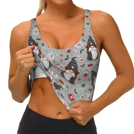 Qokaie Halloween Gnome Pattern Womens Scoop Neck Sports Bra Breathable Workout Vest Padded U Back Medium Impact Fitness Gym Yoga Bra Workout Crop Top