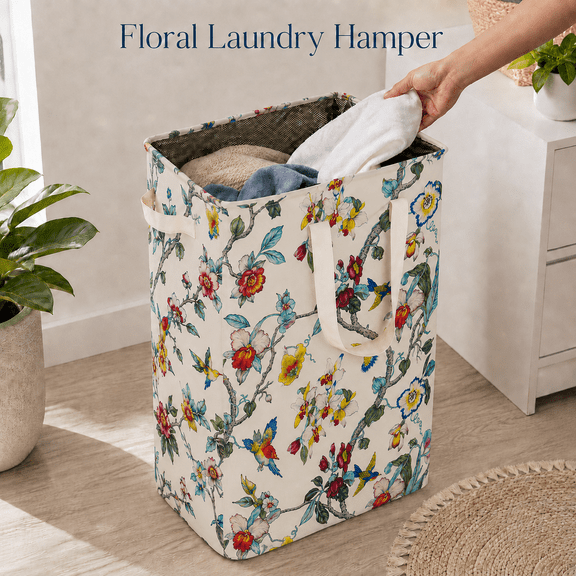 MORAVE Narrow Slim Tall Laundry Basket 75L/19.8 Gallon, Floral Collapsible Hamper with Handles for Bedroom Dorm Laundry Room