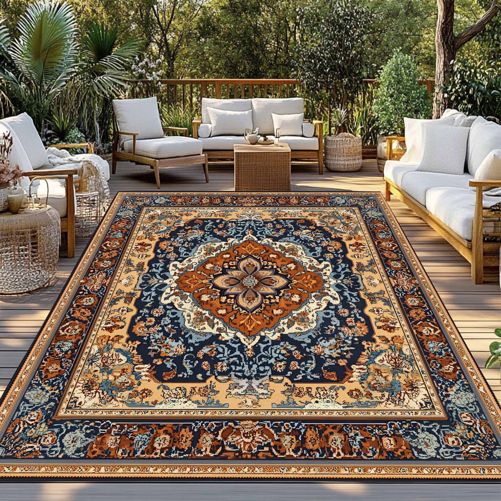 Fsddascl Blue Burnt Orange Boho Outdoor Rug for Patio/Deck/Porch, Non-Slip Large Area Rug 5 x 8 Ft, Traditional Ethnic Southwestern Indoor Outdoor Rugs Washable Area Rugs, Camping Rug Carpet
