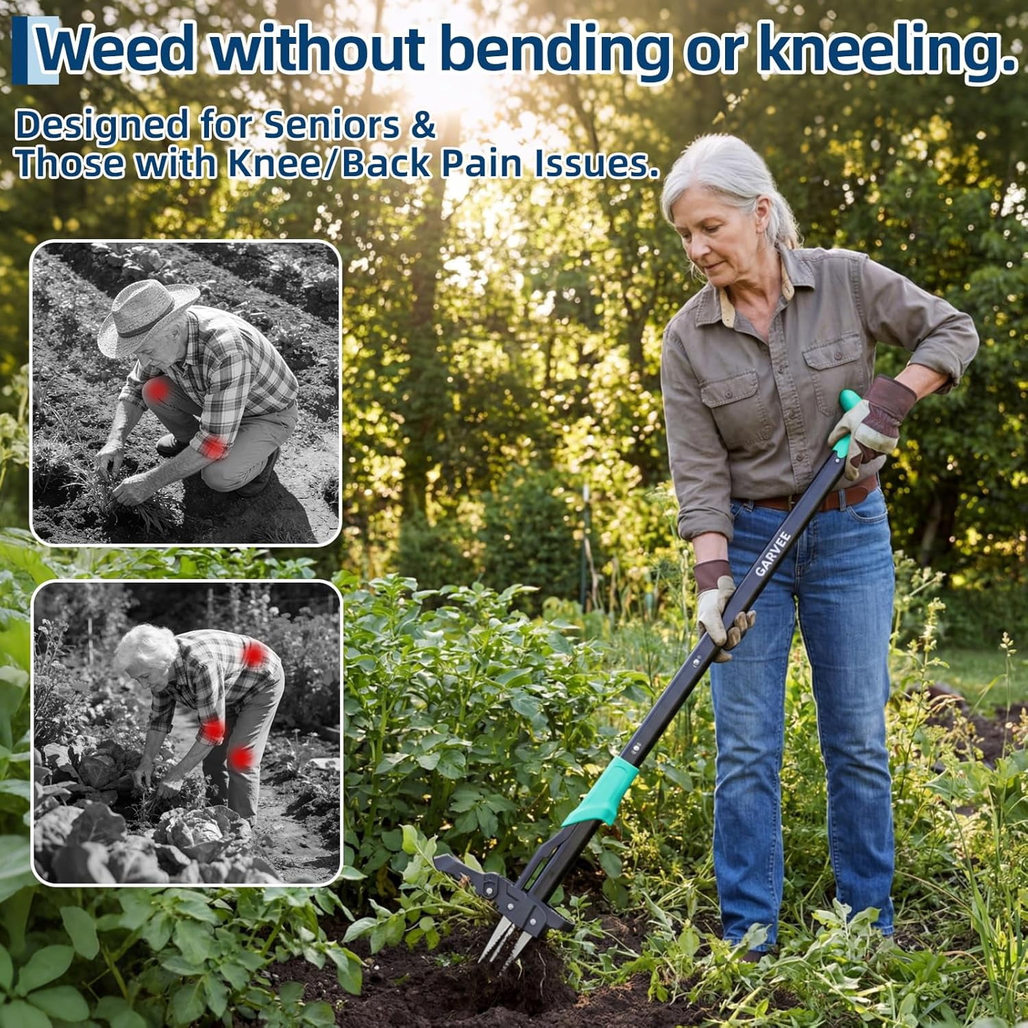 Acekid 4-Claw Stand Up Weed Puller, Gardening Hand Weeding Tool with 40" Handle, Light Blue