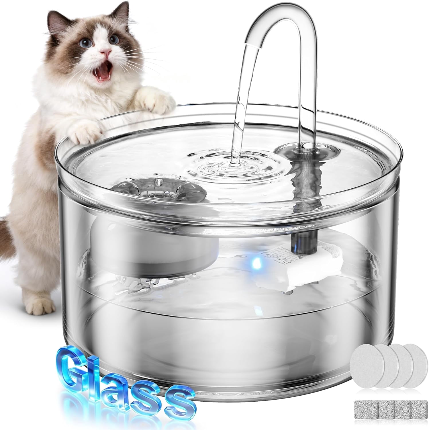 Cat Water Fountain, 74oz/2.2L Glass Automatic Water Fountain with Ultra-Quiet Auto Shut-Off Pump, Easy to Clean Pet Water Dispenser for Cats, Kittens Indoor (with 8 Filters)