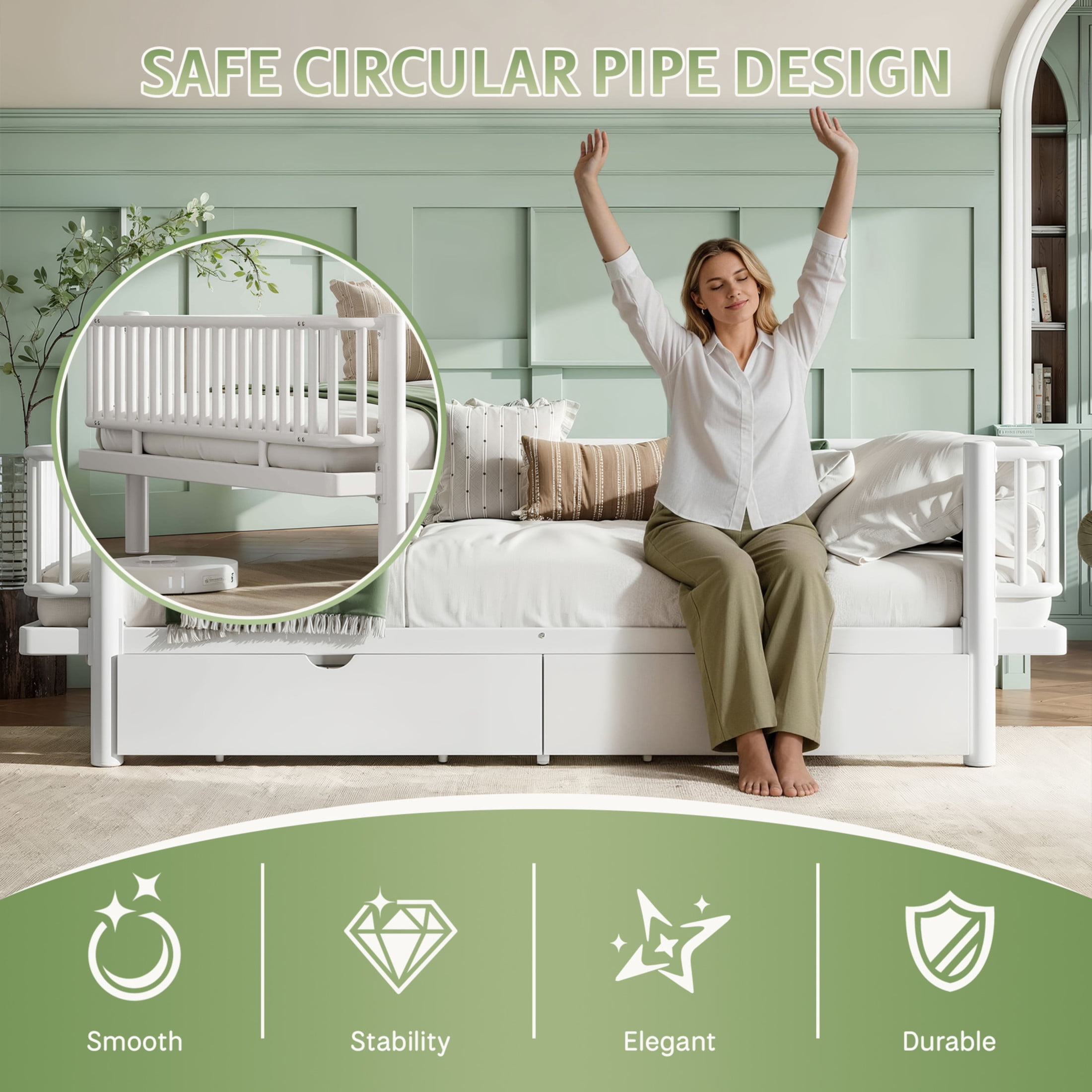Noble House Queen Size Platform Bed with Storage Drawers, Daybed Frame with Round-Pipe Design, White